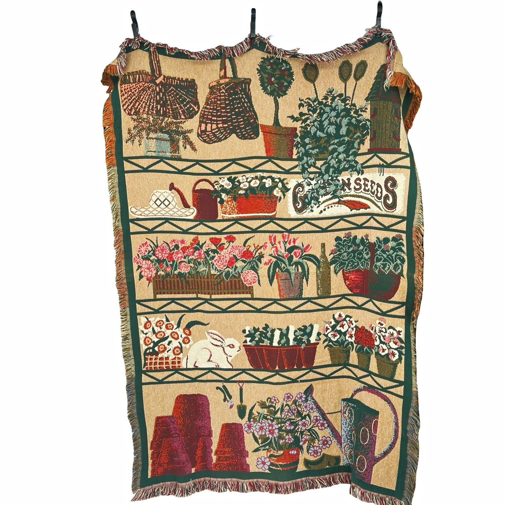 Goodwin Weavers Garden Throw Blanket 50x70 Cotton Plants Flowers Rabbit USA